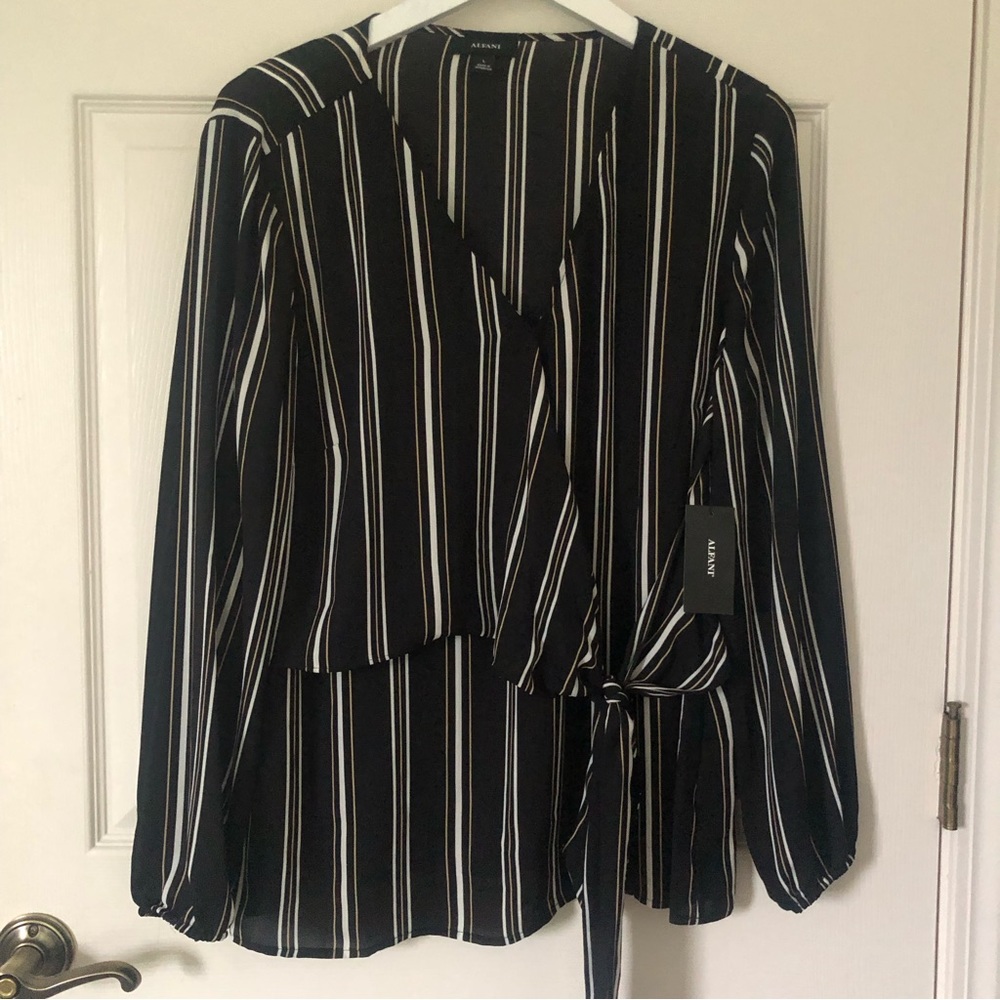 NWT Alfani black striped dress top with waist tie